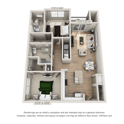 Floor plan for 2 beds, 2 baths, 1078 sqft